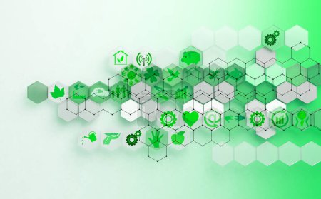 Photo for Geometric shapes in white and green color.Futuristic ecological and business background.Abstract technology and digital hi tech hexagons backdrop.3d illustration - Royalty Free Image
