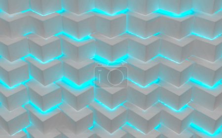 Photo for Geometrics shapes and blue neon modern lights blank background. White glossy technological and science background. 3d illustration. - Royalty Free Image
