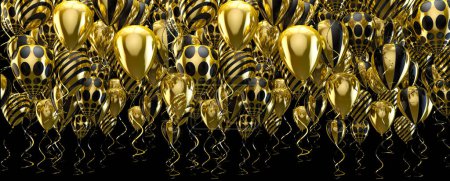 Téléchargez les photos : Élégantes ballons à hélium volant sur fond noir pour les annonces, les anniversaires et les invitations. Festive et fond de célébration. Ballons dorés et dorés. - en image libre de droit