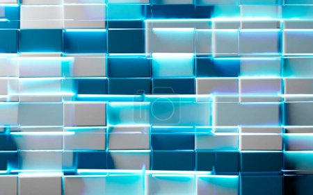Photo for Trendy design of mosaic shiny texture and neon lights. Tech and digital backdrop.Abstract  blue blocks or cubes background. - Royalty Free Image
