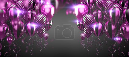 Foto de Elegantes globos de helio volando sobre fondo negro para anuncios, cumpleaños e invitaciones.Ilustración 3D.Fondo festivo y de celebración. Globos púrpura y violeta. - Imagen libre de derechos