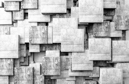 Téléchargez les photos : Cubes de pierre dans une pièce sombre.Murs en béton et blocs de ciment.Illustration 3d - en image libre de droit