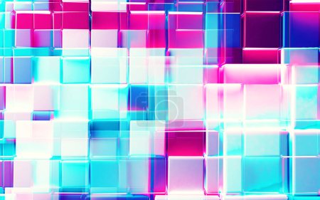 Photo for Trendy design of mosaic shiny texture and neon lights. Tech and digital backdrop.Abstract red and blue blocks or cubes background. - Royalty Free Image