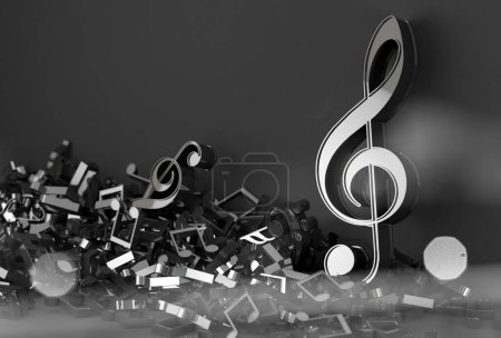 Téléchargez les photos : Illustration 3D de notes de musique et de signes musicaux de partitions de musique abstraite. Chansons et concept de mélodie.. - en image libre de droit