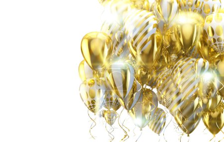 Photo for Elegant helium balloons flying on white background for announcements, birthdays and invitations.Festive and celebration background. Gold and golden balloons. - Royalty Free Image