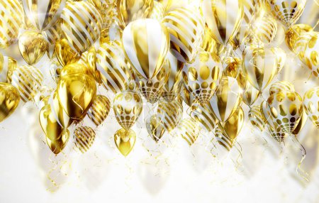 Foto de Elegantes globos de helio volando sobre fondo blanco para anuncios, cumpleaños e invitaciones.Fondo festivo y de celebración. Globos dorados y dorados. - Imagen libre de derechos