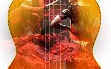 Photo for Background of traditional Spanish gypsy music. Spanish guitar and flamenco dancer.Flamenco music design. - Royalty Free Image