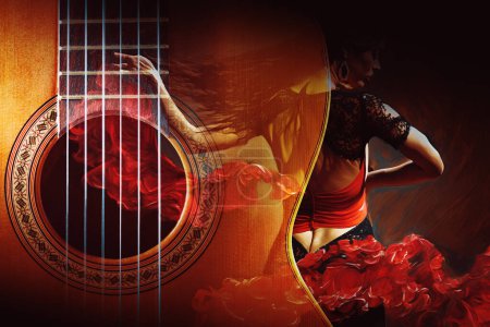 Téléchargez les photos : Fond de musique traditionnelle tzigane espagnole. Guitare espagnole et danseur de flamenco.. - en image libre de droit