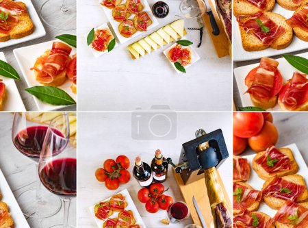 Photo for Composition or design of appetizers of Iberian ham with a glass of wine, ripe tomatoes and cow cheese on a white wooden background.Spanish appetizers collage. - Royalty Free Image