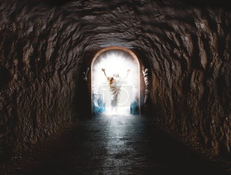 Foto de Ilustración con tumba de Jesucristo resucitado y concepto de resurrección.Túnel hacia la muerte.Ciencia y religión.Religión cristiana. - Imagen libre de derechos