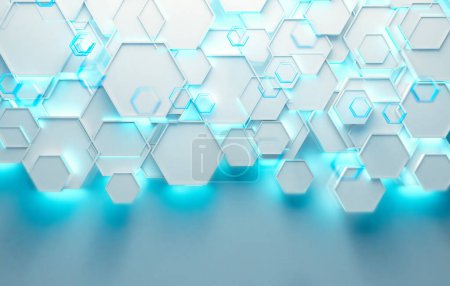 Photo for Geometrics shapes and blue neon modern lights blank background.White glossy technological and science background. 3d illustration. - Royalty Free Image