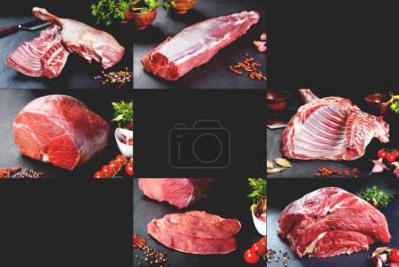 Téléchargez les photos : Collage ou conception de différents types de viande crue pour boucherie ou restaurant.Steaks de surlonge de boeuf et steaks T-bone sur un fond de pierre ou d'ardoise noire. - en image libre de droit
