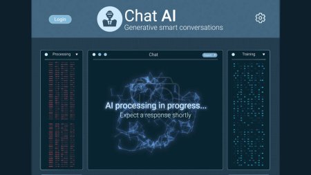 Photo for Futuristic chat ai user interface in action, artificial intelligence system, chatting with a bot, dynamics elements, advanced ai technology (3d render) - Royalty Free Image