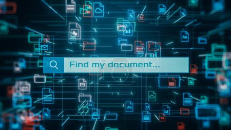 Téléchargez les photos : Système de gestion des documents, grille abstraite avec des icônes de fichiers et de dossiers, barre de recherche, concept d'organisation des données numériques (rendu 3d) - en image libre de droit