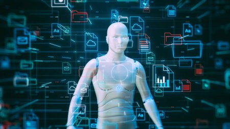 Téléchargez les photos : Assistant IA pour le système de gestion de documents, robot humanoïde futuriste avec une interface complexe avec des icônes de fichiers et de dossiers, concept d'organisation des données numériques (rendu 3d) - en image libre de droit