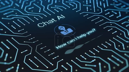 Interfaz de chat de IA futurista con un circuito electrónico, tecnología avanzada de IA, pronta para la interacción del usuario, ilustración conceptual (renderizado 3d)