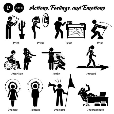 Illustration for Stick figure human people man action, feelings, and emotions icons alphabet P. Prick, primp, print, prise, prioritize, probe, proceed, process, proclaim, and procrastinate. - Royalty Free Image