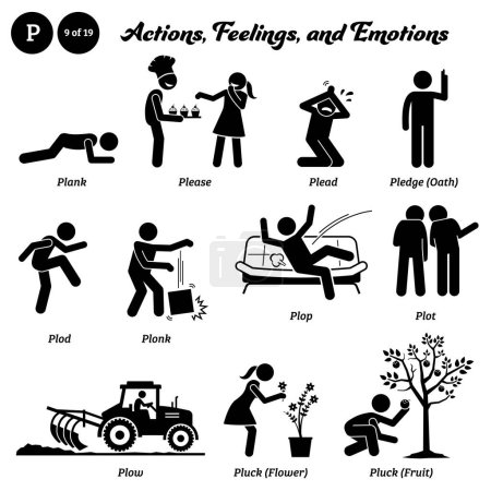 Illustration for Stick figure human people man action, feelings, and emotions icons alphabet P. Plank, please, plead, pledge, oath, plod, plonk, plop, plot, plow, pluck, flower, and fruit. - Royalty Free Image