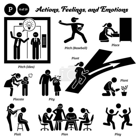 Illustration for Stick figure human people man action, feelings, and emotions icons alphabet P. Pitch, idea, baseball, place, placate, pity, pivot, plant, plait, plan, and play. - Royalty Free Image