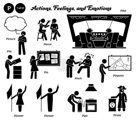Stick figure human people man action, feelings, and emotions icons alphabet P. Picture, pierce, pilot, pile, pin, pinch, pinpoint, pioneer, pipe, and pirate.