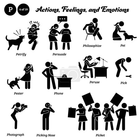 Illustration for Stick figure human people man action, feelings, and emotions icons alphabet P. Petrify, persuade, philosophize, pet, pester, phone, peruse, pick, photograph, picking nose, and picket. - Royalty Free Image