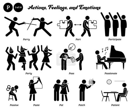 Illustration for Stick figure human people man action, feelings, and emotions icons alphabet P. Parry, part, participate, party, pass, passionate, passive, paste, pat, patch, and patient. - Royalty Free Image