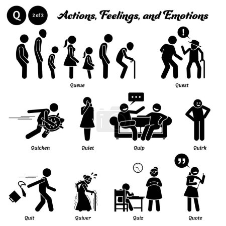 Illustration for Stick figure human people man action, feelings, and emotions icons alphabet Q. Queue, quest, quicken, quiet, quip, quirk, quit, quiver, quiz, and quote - Royalty Free Image