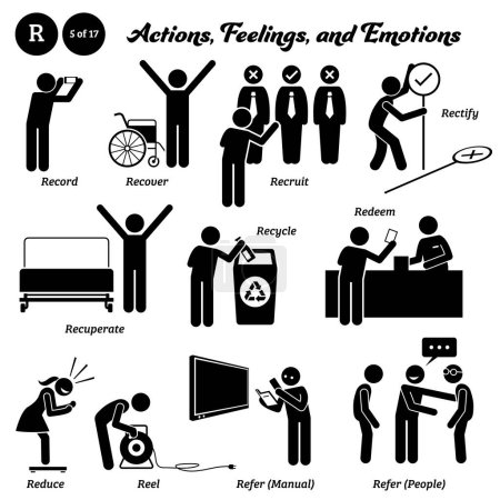 Ilustración de Stick figure human people man action, feelings, and emotions icons alphabet R. Record, recover, recruit, rectify, recuperate, recycle, redeem, reduce, reel, refer manual, and people. - Imagen libre de derechos