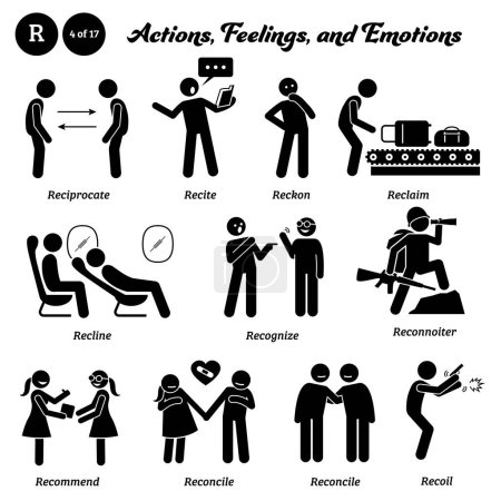 Illustration for Stick figure human people man action, feelings, and emotions icons alphabet R. Reciprocate, recite, reckon, reclaim, recline, recognize, reconnoiter, recommend, reconcile, and recoil. - Royalty Free Image