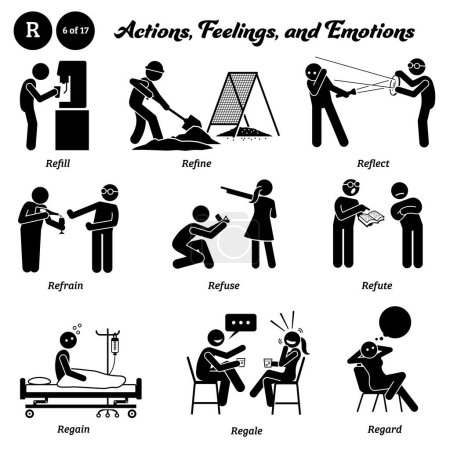 Illustration for Stick figure human people man action, feelings, and emotions icons alphabet R. Refill, refine, reflect, refrain, refuse, refute, regain, regale, and regard. - Royalty Free Image