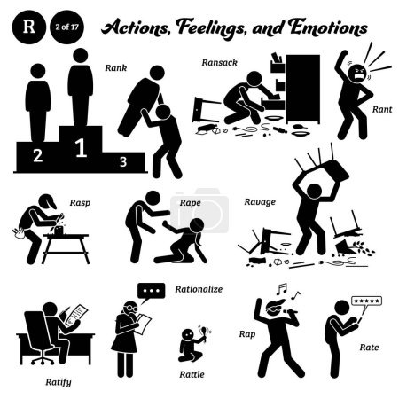Stick figure human people man action, feelings, and emotions icons alphabet R. Rank, ransack, rant, rasp, rape, ravage, ratify, rationalize, rattle, rap, and rate.