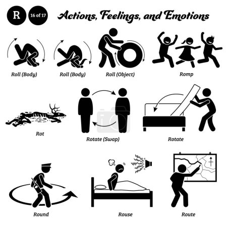 Ilustración de Stick figure human people man action, feelings, and emotions icons alphabet R. Roll, body, object, romp, rot, rotate, swap, rotate, round, rouse, and route. - Imagen libre de derechos