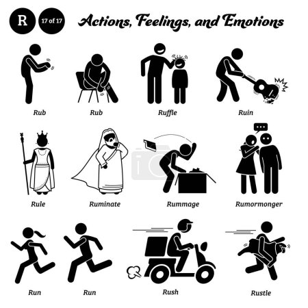 Illustration for Stick figure human people man action, feelings, and emotions icons alphabet R. Rub, ruffle, ruin, rule, ruminate, rummage, rumormonger, run, rush, and rustle. - Royalty Free Image