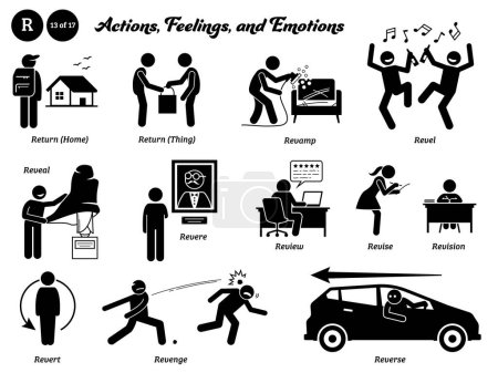 Illustration for Stick figure human people man action, feelings, and emotions icons alphabet R. Return, home, thing, revamp, revel, reveal, revere, review, revise, revision, revert, revenge, and reverse. - Royalty Free Image
