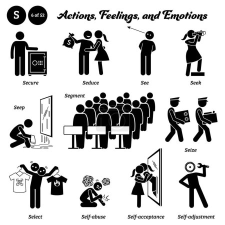Stick figure human people man action, feelings, and emotions icons alphabet S. Secure, seduce, see, seek, seep, segment, seize, select, self-abuse, self-acceptance, and self-adjustment.
