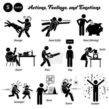 Stick figure human people man action, feelings, and emotions icons alphabet S. Savage, save life, save money, savor, saw, say, scale, scamper, scan, scare, and scatter.