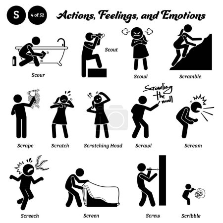 Illustration for Stick figure human people man action, feelings, and emotions icons alphabet S. Scour, scout, scowl, scramble, scrape, scratch, scratching head, scrawl, scream, screech, screen, screw, and scribble. - Royalty Free Image