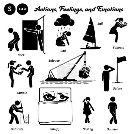 Illustration for Stick figure human people man action, feelings, and emotions icons alphabet S. Sack, sad, sail, salivate, sample, salvage, salute, saturate, satisfy, sashay, and saunter. - Royalty Free Image