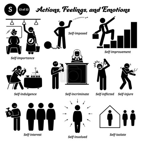 Illustration for Stick figure human people man action, feelings, and emotions icons alphabet S. Self, importance, imposed, improvement, indulgence, incriminate, inflicted, injure, interest, involved, and isolate. - Royalty Free Image