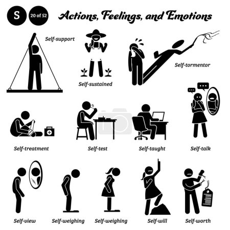 Ilustración de Stick figure human people man action, feelings, and emotions icons alphabet S. Self, support, sustained, tormentor, treatment, test, taught, talk, view, weighing, will, and worth. - Imagen libre de derechos