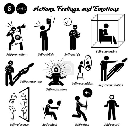 Illustration for Stick figure people man action and emotions icons alphabet S. Self, promotion, publish, qualify, quarantine, questioning, realization, recognition, recrimination, reference, reflect, refute, regard. - Royalty Free Image