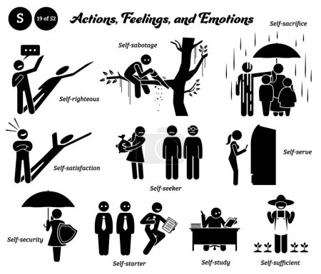 Illustration for Stick figure human people man action, feelings, and emotions icons alphabet S. Self, righteous, sabotage, sacrifice, satisfaction, seeker, serve, security, starter, study, and sufficient. - Royalty Free Image