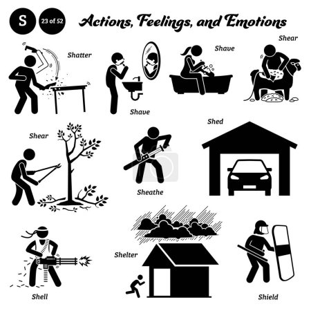 Stick figure human people man action, feelings, and emotions icons alphabet S. Shatter, shave, shear, sheathe, shed, shell, shelter, and shield.