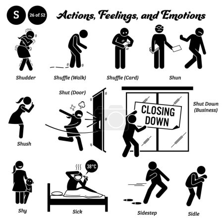 Illustration for Stick figure human people man action, feelings, and emotions icons alphabet S. Shudder, shuffle, walk, card, shun, shush, shut, door, shut down, business, shy, sick, sidestep, and sidle. - Royalty Free Image