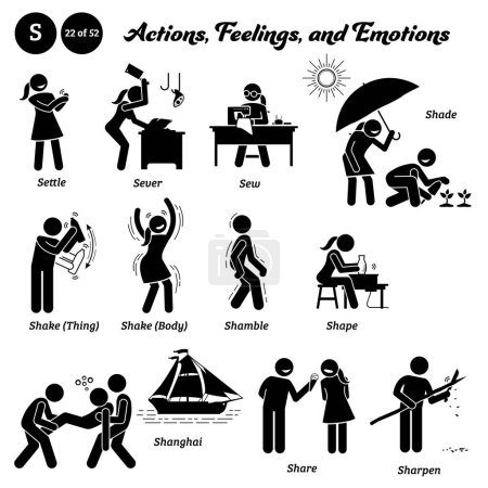 Téléchargez les illustrations : Stick figure human people man action, feelings, and emotions icons alphabet S. Settle, sever, sew, shade, shake, thing, body, shamble, shape, shanghai, share, and sharpen. - en licence libre de droit