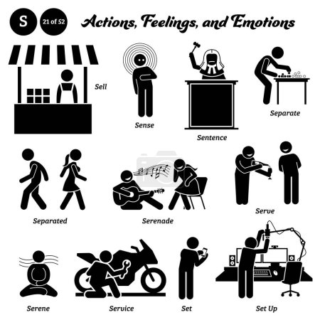Illustration for Stick figure human people man action, feelings, and emotions icons alphabet S. Sell, sense, sentence, separate, separated, serenade, serve, serene, service, set, and set up - Royalty Free Image
