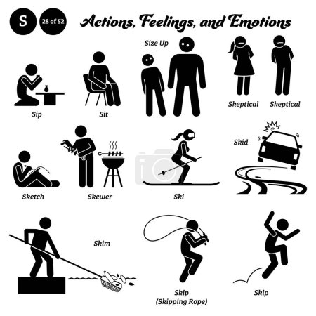 Illustration for Stick figure human people man action, feelings, and emotions icons alphabet S. Sip, sit, size up, skeptical, sketch, skewer, ski, skid, skim, skip, and skipping rope. - Royalty Free Image