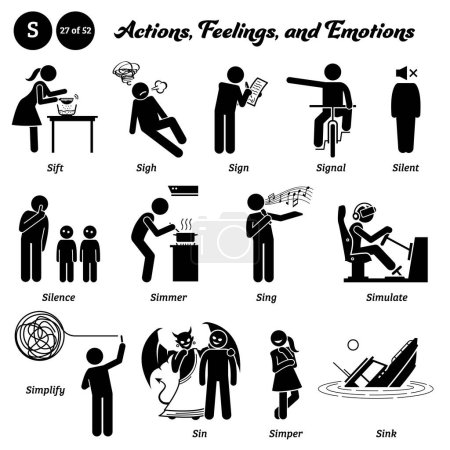 Téléchargez les illustrations : Stick figure human people man action, feelings, and emotions icons alphabet S. Sift, sigh, sign, signal, silent, silence, simmer, sing, simulate, simplify, sin, simper, and sink. - en licence libre de droit