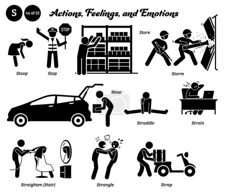Illustration for Stick figure human people man action, feelings, and emotions icons alphabet S. Stoop, stop, store, storm, stow, straddle, strain, straighten, hair, strangle, and strap. - Royalty Free Image