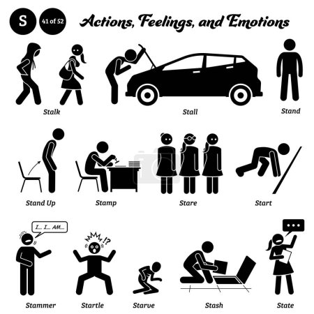 Illustration for Stick figure human people man action, feelings, and emotions icons alphabet S. Stalk, stall, stand, stand up, stamp, stare, start, stammer, startle, starve, stash, and state. - Royalty Free Image